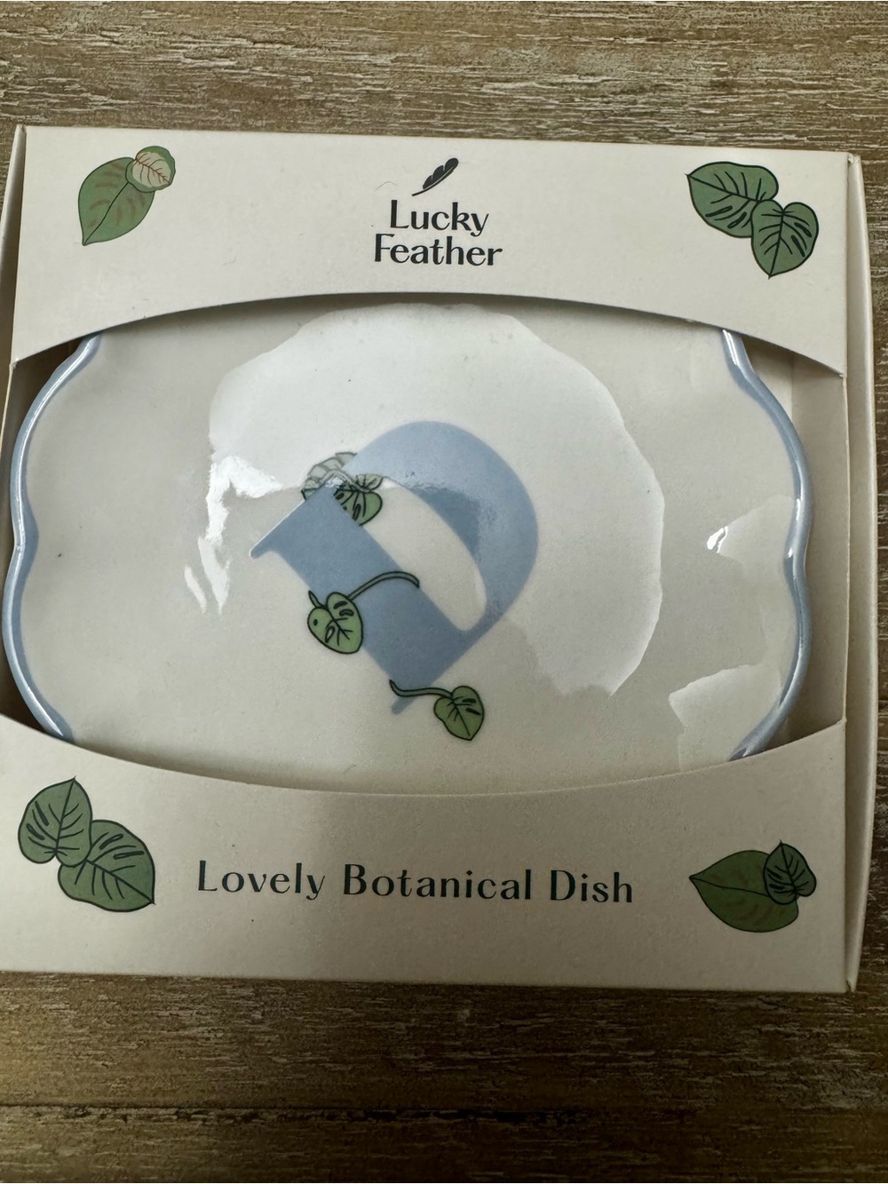 Lucky Feather White Ceramic Dish with letter “D” - new in box